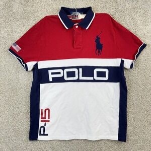 Polo Ralph Lauren Polo Shirt Mens L Red White Blue Big Pony Custom Slim Fit P-15